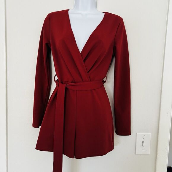 Windsor Brick Red Romper Dress Long Sleeve Faux Wrap Belted Waist Shorts V-neck - Picture 2 of 9
